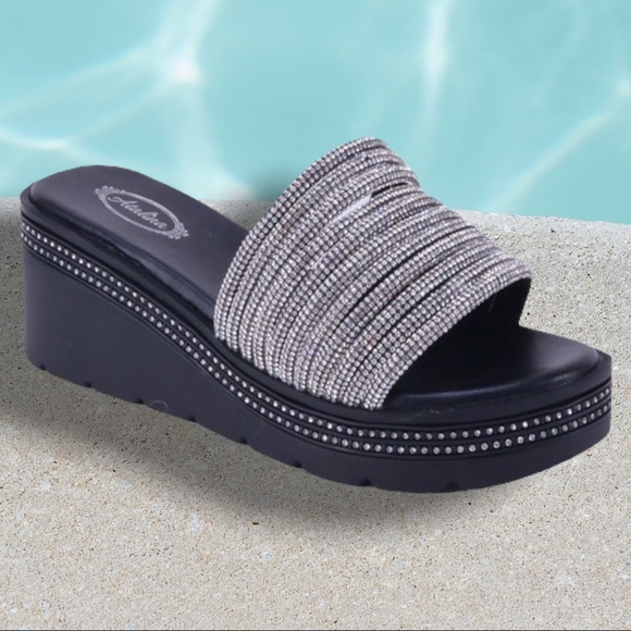 3 Left Italina Black Platform Rhinestone Embellished Wedge Slide-In Sandal - Picture 7 of 7